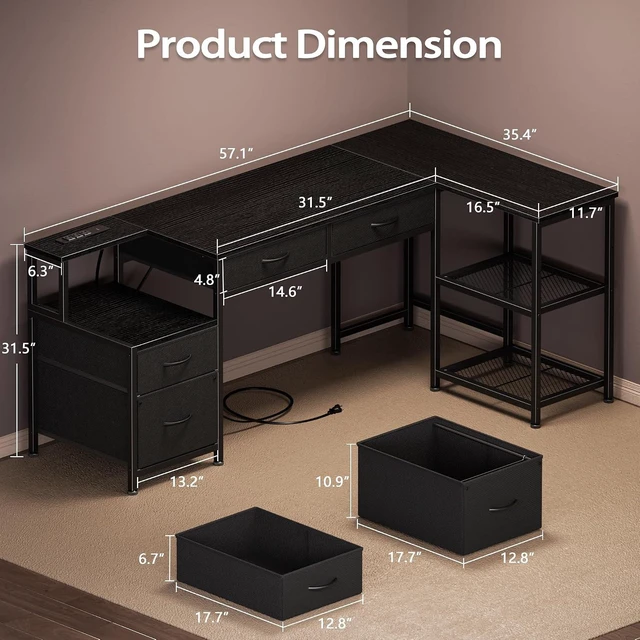 Alt view image 2 of 7 - 57 Inch L Shaped Computer Desk with Power Outlet, Drawers, Reversible, Corner, Home Office Desk, 4 Fabric Drawers, 2 Adjustable Mesh Shelves, Larger Storage, for Study, Work, Black