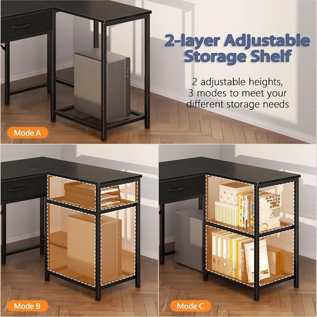 Alt view image 3 of 7 - 57 Inch L Shaped Computer Desk with Power Outlet, Drawers, Reversible, Corner, Home Office Desk, 4 Fabric Drawers, 2 Adjustable Mesh Shelves, Larger Storage, for Study, Work, Black