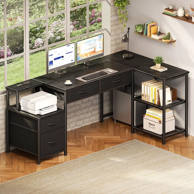 Alt view image 5 of 7 - 57 Inch L Shaped Computer Desk with Power Outlet, Drawers, Reversible, Corner, Home Office Desk, 4 Fabric Drawers, 2 Adjustable Mesh Shelves, Larger Storage, for Study, Work, Black
