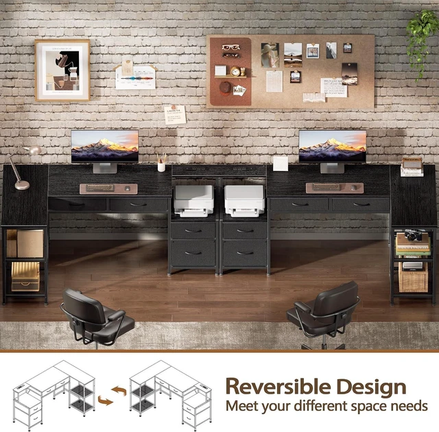 Alt view image 7 of 7 - 57 Inch L Shaped Computer Desk with Power Outlet, Drawers, Reversible, Corner, Home Office Desk, 4 Fabric Drawers, 2 Adjustable Mesh Shelves, Larger Storage, for Study, Work, Black