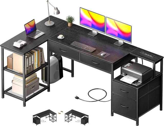 Main image of 57 Inch L Shaped Computer Desk with Power Outlet, Drawers, Reversible, Corner, Home Office Desk, 4 Fabric Drawers, 2 Adjustable Mesh Shelves, Larger Storage, for Study, Work, Black