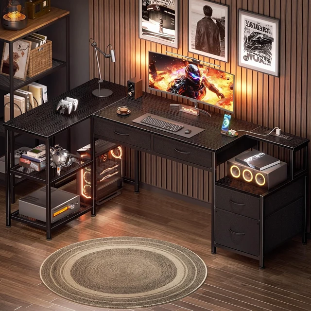 Alt view image 6 of 7 - 57 Inch L Shaped Computer Desk with Power Outlet, Drawers, Reversible, Corner, Home Office Desk, 4 Fabric Drawers, 2 Adjustable Mesh Shelves, Larger Storage, for Study, Work, Black