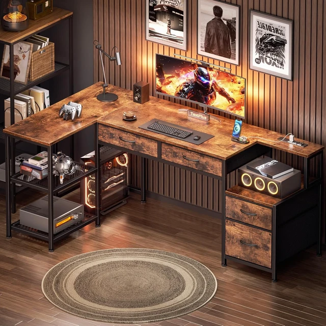 Alt view image 7 of 7 - 57 Inch L Shaped Computer Desk with Power Outlet, Drawers, Reversible, Corner, Home Office Desk, 4 Fabric Drawers, 2 Adjustable Mesh Shelves, Larger Storage, for Study, Work, Brown