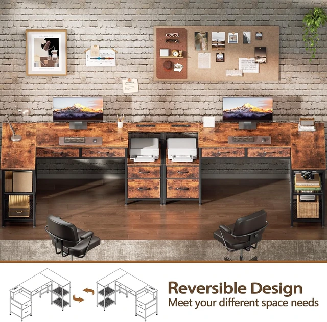 Alt view image 3 of 7 - 57 Inch L Shaped Computer Desk with Power Outlet, Drawers, Reversible, Corner, Home Office Desk, 4 Fabric Drawers, 2 Adjustable Mesh Shelves, Larger Storage, for Study, Work, Brown