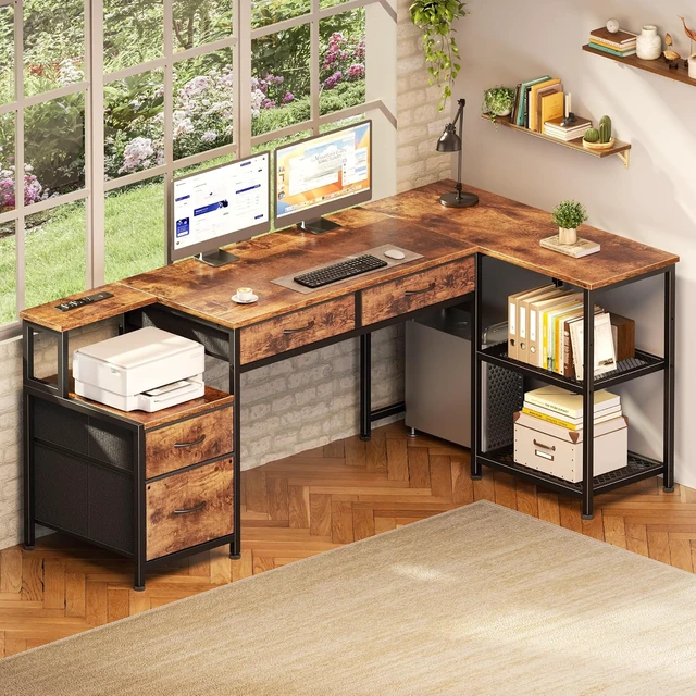 Alt view image 6 of 7 - 57 Inch L Shaped Computer Desk with Power Outlet, Drawers, Reversible, Corner, Home Office Desk, 4 Fabric Drawers, 2 Adjustable Mesh Shelves, Larger Storage, for Study, Work, Brown