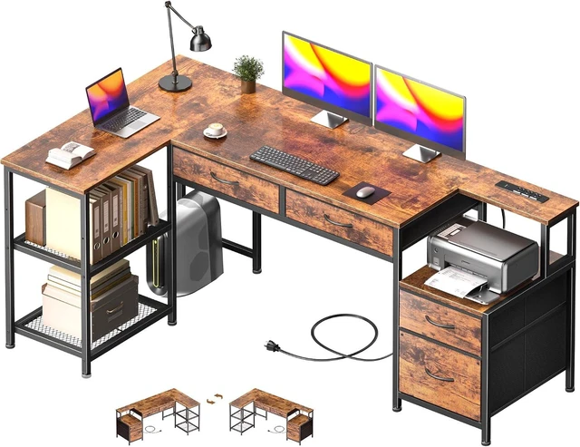 Main image of 57 Inch L Shaped Computer Desk with Power Outlet, Drawers, Reversible, Corner, Home Office Desk, 4 Fabric Drawers, 2 Adjustable Mesh Shelves, Larger Storage, for Study, Work, Brown