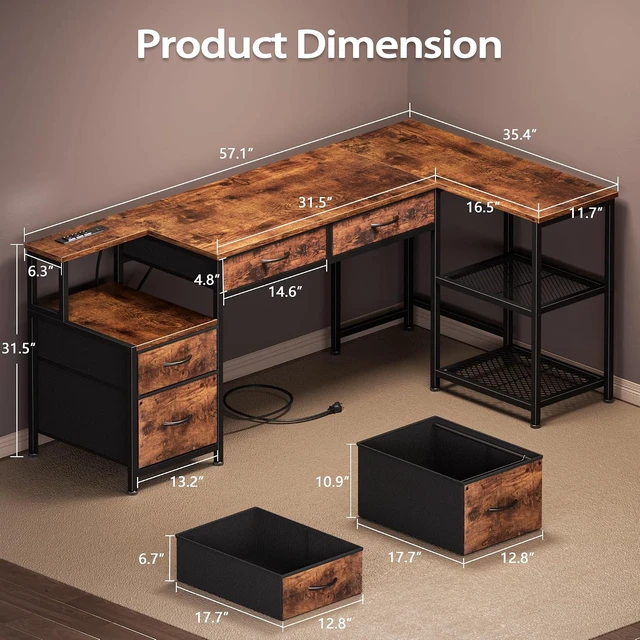 Alt view image 2 of 7 - 57 Inch L Shaped Computer Desk with Power Outlet, Drawers, Reversible, Corner, Home Office Desk, 4 Fabric Drawers, 2 Adjustable Mesh Shelves, Larger Storage, for Study, Work, Brown