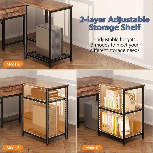 Alt view image 4 of 7 - 57 Inch L Shaped Computer Desk with Power Outlet, Drawers, Reversible, Corner, Home Office Desk, 4 Fabric Drawers, 2 Adjustable Mesh Shelves, Larger Storage, for Study, Work, Brown