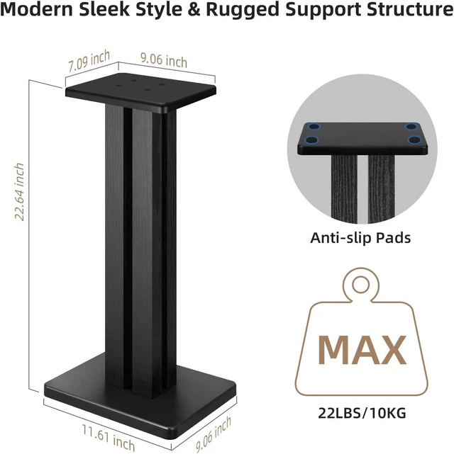 Alt view image 4 of 7 - Speaker Stands Pair, 22.64 Inch Wooden Floor Stands, Black Four wooden columns, anti-slip pads, and 22 lbs capacity; ideal for bookshelf speakers, home theater, and music rooms