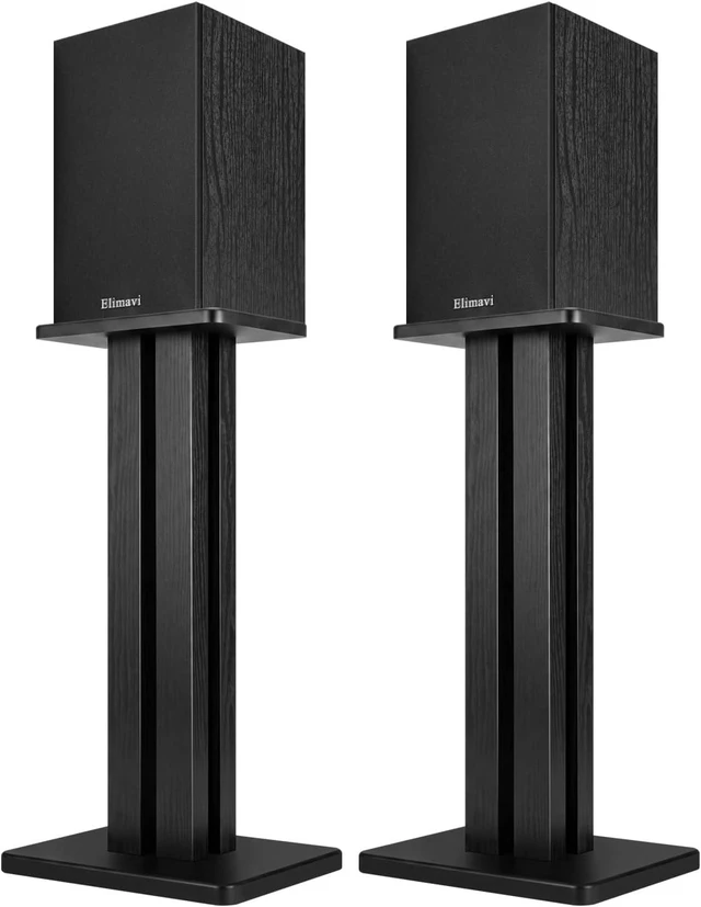 Main image of Speaker Stands Pair, 22.64 Inch Wooden Floor Stands, Black Four wooden columns, anti-slip pads, and 22 lbs capacity; ideal for bookshelf speakers, home theater, and music rooms
