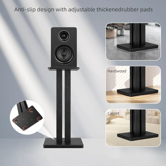 Alt view image 7 of 7 - Speaker Stands Pair, 22.64 Inch Wooden Floor Stands, Black Four wooden columns, anti-slip pads, and 22 lbs capacity; ideal for bookshelf speakers, home theater, and music rooms