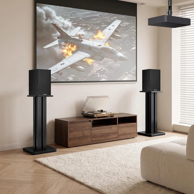 Alt view image 2 of 7 - Speaker Stands Pair, 22.64 Inch Wooden Floor Stands, Black Four wooden columns, anti-slip pads, and 22 lbs capacity; ideal for bookshelf speakers, home theater, and music rooms