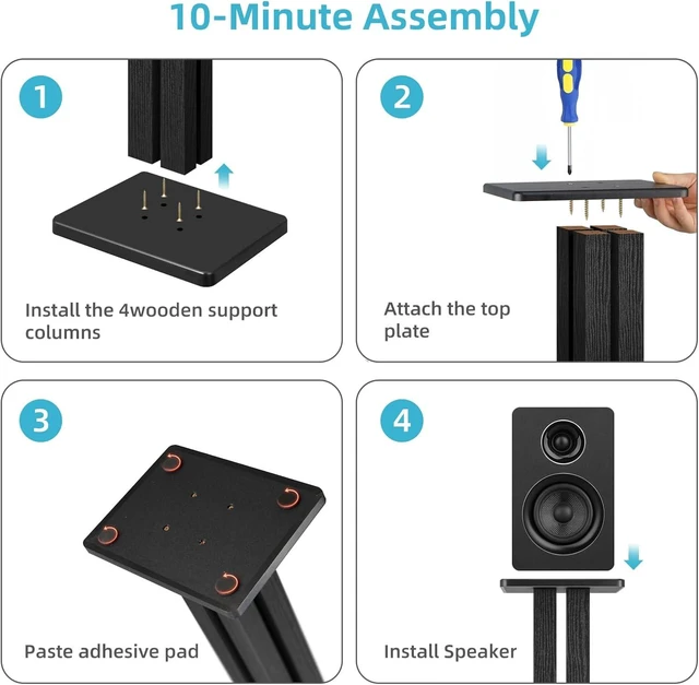 Alt view image 5 of 7 - Speaker Stands Pair, 22.64 Inch Wooden Floor Stands, Black Four wooden columns, anti-slip pads, and 22 lbs capacity; ideal for bookshelf speakers, home theater, and music rooms