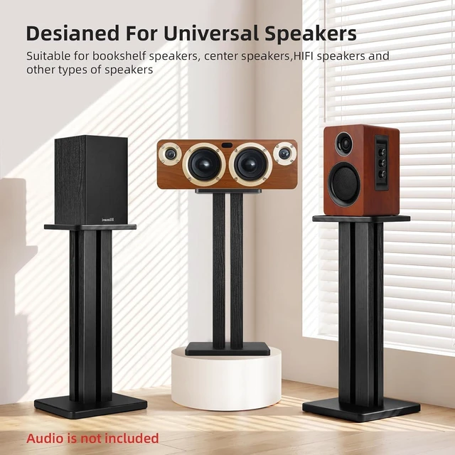 Alt view image 3 of 7 - Speaker Stands Pair, 22.64 Inch Wooden Floor Stands, Black Four wooden columns, anti-slip pads, and 22 lbs capacity; ideal for bookshelf speakers, home theater, and music rooms