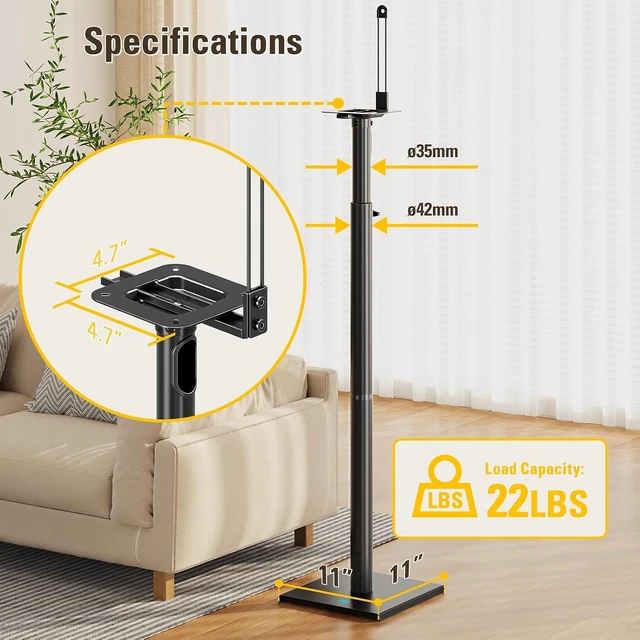 Alt view image 4 of 7 - Height Adjustable Speaker Stands Extend 33to 43,22LBS Universal Pair Floor Stand for Satellite,Studio,Bookshelf Speakers,Surround Sound stand for Edifier Polk Sony JBL - MD5402