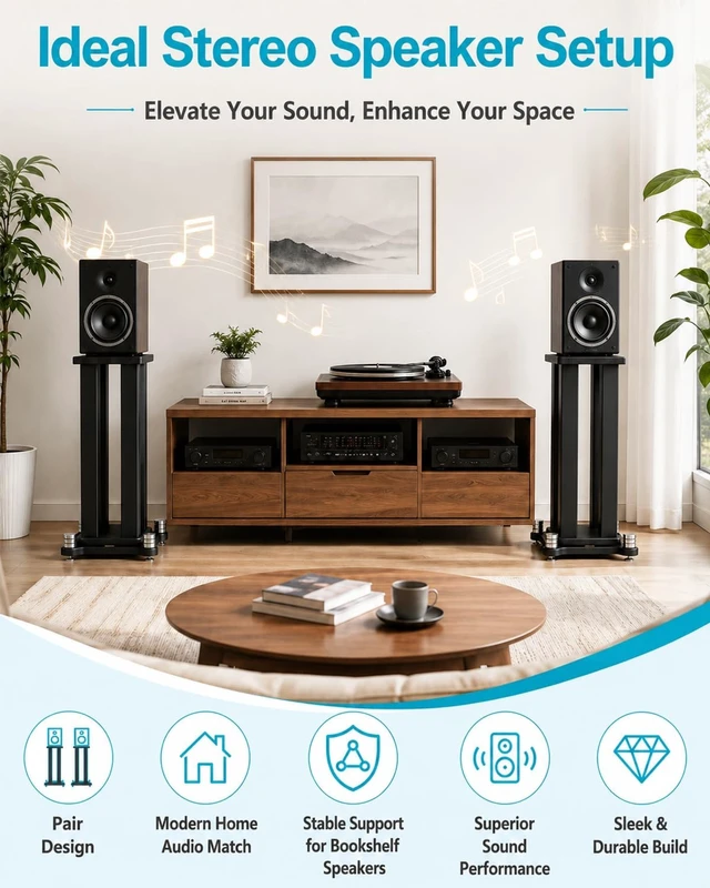 Alt view image 5 of 7 - 27.5" Bookshelf Speaker Stands Pair, 110 lb Capacity, for Studio Monitors Heavy-duty pair with 4 steel columns, large MDF top plates and anti-slip pads for stable bookshelf speaker placement