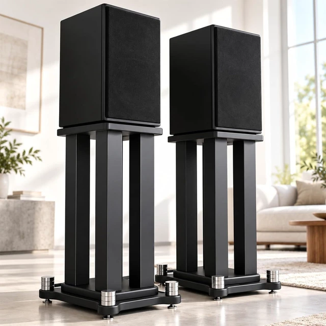 Main image of 27.5" Bookshelf Speaker Stands Pair, 110 lb Capacity, for Studio Monitors Heavy-duty pair with 4 steel columns, large MDF top plates and anti-slip pads for stable bookshelf speaker placement