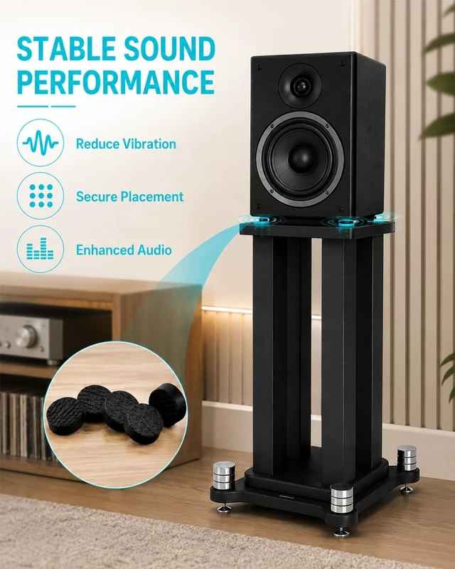 Alt view image 2 of 7 - 27.5" Bookshelf Speaker Stands Pair, 110 lb Capacity, for Studio Monitors Heavy-duty pair with 4 steel columns, large MDF top plates and anti-slip pads for stable bookshelf speaker placement