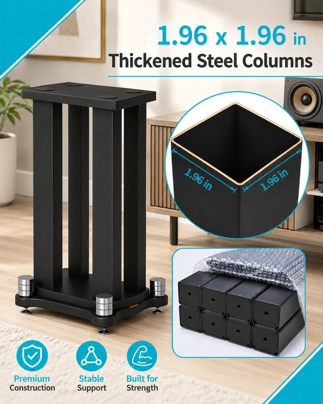 Alt view image 6 of 7 - 27.5" Bookshelf Speaker Stands Pair, 110 lb Capacity, for Studio Monitors Heavy-duty pair with 4 steel columns, large MDF top plates and anti-slip pads for stable bookshelf speaker placement
