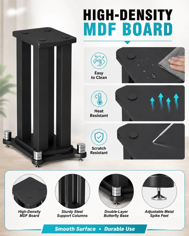 Alt view image 4 of 7 - 27.5" Bookshelf Speaker Stands Pair, 110 lb Capacity, for Studio Monitors Heavy-duty pair with 4 steel columns, large MDF top plates and anti-slip pads for stable bookshelf speaker placement