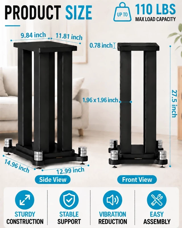 Alt view image 3 of 7 - 27.5" Bookshelf Speaker Stands Pair, 110 lb Capacity, for Studio Monitors Heavy-duty pair with 4 steel columns, large MDF top plates and anti-slip pads for stable bookshelf speaker placement