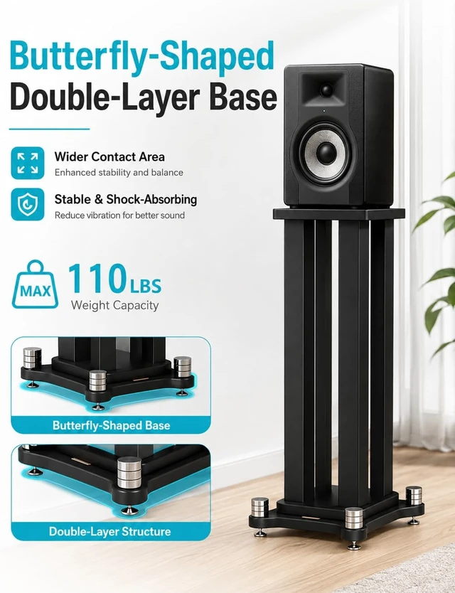 Alt view image 7 of 7 - 27.5" Bookshelf Speaker Stands Pair, 110 lb Capacity, for Studio Monitors Heavy-duty pair with 4 steel columns, large MDF top plates and anti-slip pads for stable bookshelf speaker placement