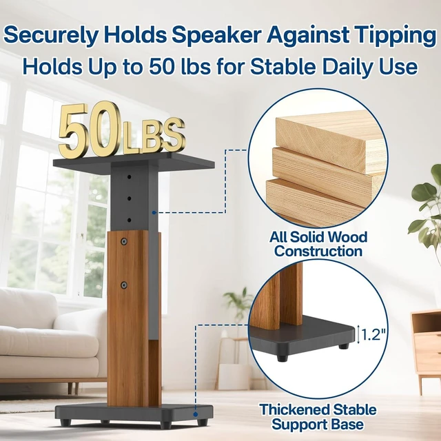Alt view image 7 of 7 - Height Adjustable Speaker Stands Pair for Studio Monitor & Bookshelf Speaker Stands-Wood Grain Floor Speaker Stands for Klipsch, Edifier, Polk Audio, ELAC, JBL Surround Sound Speaker Stand Up to 50 Lb