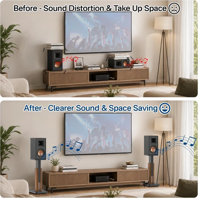 Alt view image 3 of 7 - Height Adjustable Speaker Stands Pair for Studio Monitor & Bookshelf Speaker Stands-Wood Grain Floor Speaker Stands for Klipsch, Edifier, Polk Audio, ELAC, JBL Surround Sound Speaker Stand Up to 50 Lb