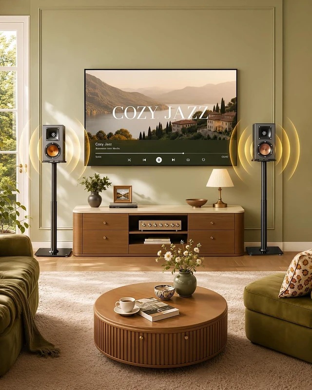 Alt view image 2 of 7 - Speaker Stands Pair, 55 lbs Floor Stand for Surround Sound, 33" Thickened tempered glass top & base, steel, surround sound, 55 lb, 6 heights 23-33", 180° swivel, pads & carpet spikes