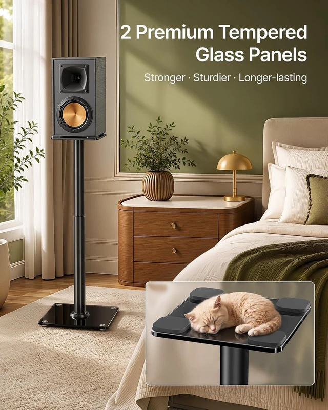Alt view image 4 of 7 - Speaker Stands Pair, 55 lbs Floor Stand for Surround Sound, 33" Thickened tempered glass top & base, steel, surround sound, 55 lb, 6 heights 23-33", 180° swivel, pads & carpet spikes