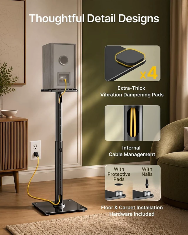 Alt view image 3 of 7 - Speaker Stands Pair, 55 lbs Floor Stand for Surround Sound, 33" Thickened tempered glass top & base, steel, surround sound, 55 lb, 6 heights 23-33", 180° swivel, pads & carpet spikes