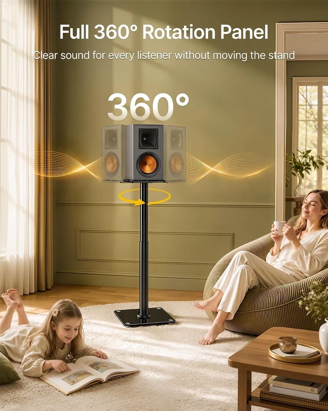 Alt view image 6 of 7 - Speaker Stands Pair, 55 lbs Floor Stand for Surround Sound, 33" Thickened tempered glass top & base, steel, surround sound, 55 lb, 6 heights 23-33", 180° swivel, pads & carpet spikes