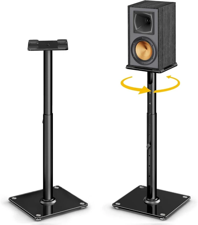 Main image of Speaker Stands Pair, 55 lbs Floor Stand for Surround Sound, 33" Thickened tempered glass top & base, steel, surround sound, 55 lb, 6 heights 23-33", 180° swivel, pads & carpet spikes
