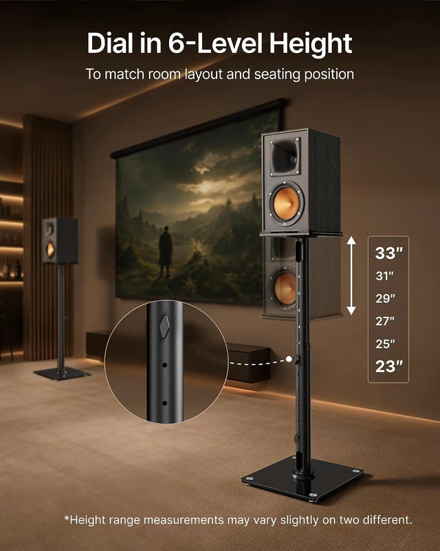 Alt view image 7 of 7 - Speaker Stands Pair, 55 lbs Floor Stand for Surround Sound, 33" Thickened tempered glass top & base, steel, surround sound, 55 lb, 6 heights 23-33", 180° swivel, pads & carpet spikes