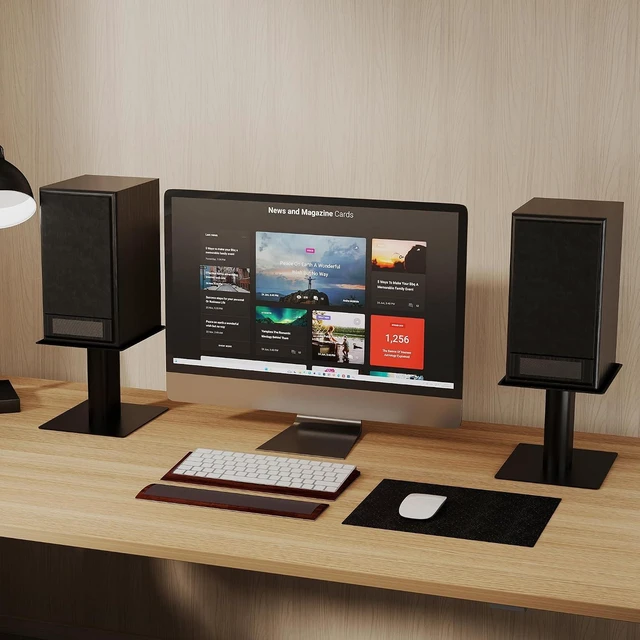 Alt view image 7 of 7 - 7.9 x 6.5 Universal Desktop Speaker Stands Pair for Bookshelf & Desktop Speakers 6.1" Tall Sturdy Base for Studio Monitors, PC, Gaming & Home Audio, Black, SDM003MB