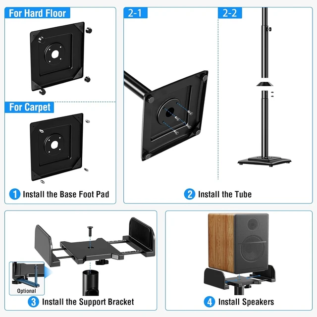 Alt view image 4 of 7 - Universal Speakers Stands Pair 34" to 43.3" Height Adjustable Holds Bookshelf Speakers Satellite Speakers Up to 11LBS Cable Concealing 1 Pair Spring-Loaded Plate Extends to 10" MU9138 Black