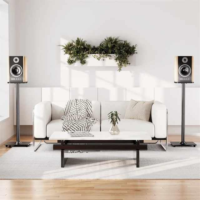 Alt view image 3 of 7 - Speaker Stands Pair, 31" Fixed Height, Max 22 lbs, Tempered Glass Base Surround Sound Speaker Stands, Cable Management, Universal Floor Speaker Standing for Studio Satellite Rear Bookshelf Speaker