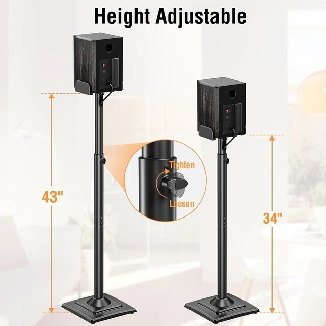 Alt view image 2 of 7 - Speaker Stands Pair, 34"-43.3" Height Adjustable, Max 11 lbs, Cable Conceal Speaker Stand for Surround Sound, Sturdy Spring-Loaded Floor Standing for Satellite Rear Bookshelf Speaker