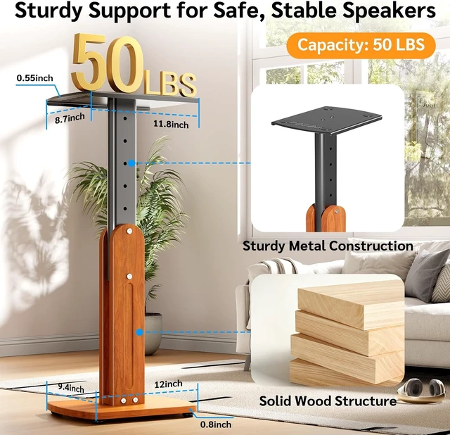 Alt view image 3 of 7 - Solid Wood Speaker Stands Pair for Studio Monitor and Bookshelf Speakers Height Adjustable Floor Speaker Stands for Klipsch, ELAC, JBL, KEF, Edifier Surround Sound Hold Up to 50 Lbs (Walnut)
