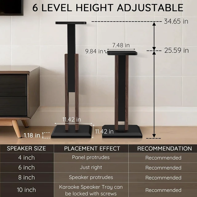 Alt view image 4 of 6 - Wood Speaker Stands Pair, 25'' to 34'' Height Adjustable Speaker Stands Universal Floor Bookshelf Speaker Stands Studio Monitor Stands for Surround Sound, Enhanced Audio Listening Experience