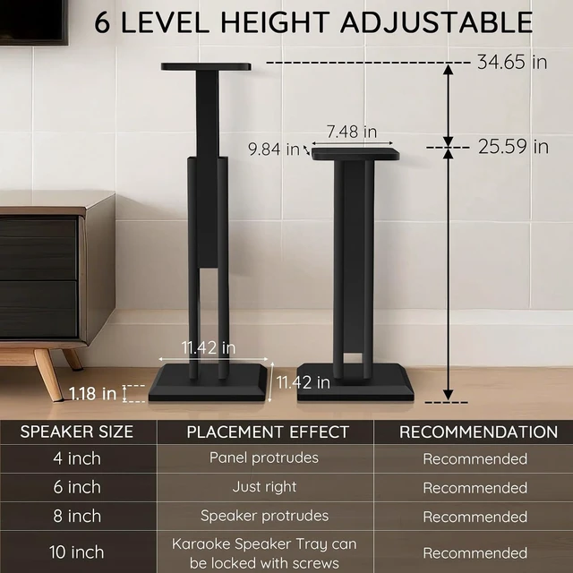 Alt view image 2 of 6 - Wood Speaker Stands Pair, 25'' to 34'' Height Adjustable Speaker Stand Universal Floor Bookshelf Speaker Stands Studio Monitor Stands for Surround Sound, Enhanced Audio Listening Experience, Black