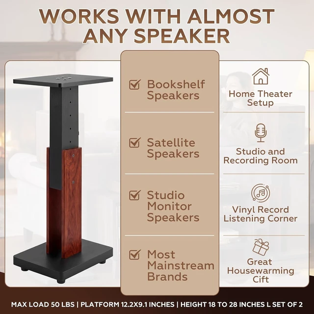 Alt view image 3 of 7 - 2 Pcs Height Adjustable Speaker Stands 18 to 28 Inches Heavy Duty 50 Lbs Wood Vinyl Record Player Stands Pair for Studio Housewarming Home Decoration