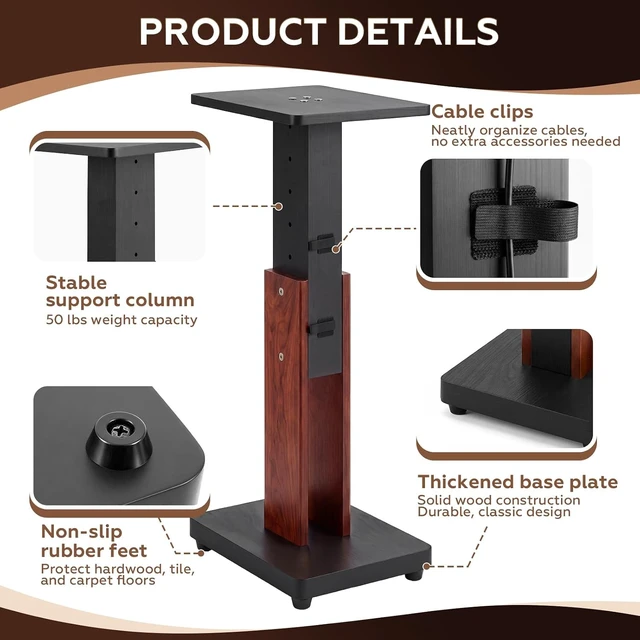 Alt view image 5 of 7 - 2 Pcs Height Adjustable Speaker Stands 18 to 28 Inches Heavy Duty 50 Lbs Wood Vinyl Record Player Stands Pair for Studio Housewarming Home Decoration