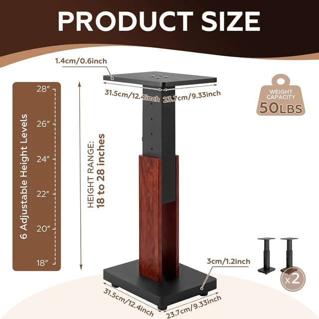 Alt view image 6 of 7 - 2 Pcs Height Adjustable Speaker Stands 18 to 28 Inches Heavy Duty 50 Lbs Wood Vinyl Record Player Stands Pair for Studio Housewarming Home Decoration