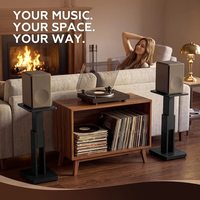 Alt view image 3 of 7 - 18-28 Inch Height Adjustable Speaker Stands Pair, Wood Bookshelf Stands