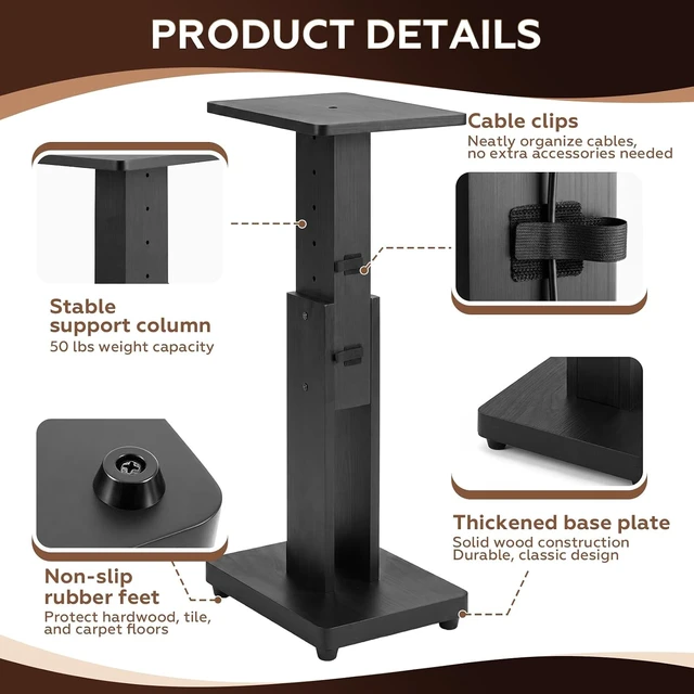 Alt view image 2 of 7 - 18-28 Inch Height Adjustable Speaker Stands Pair, Wood Bookshelf Stands