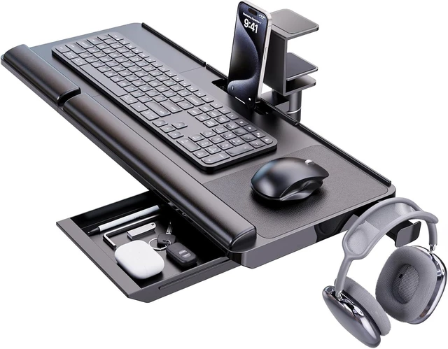 Main image of Keyboard Tray Under Desk with 360° Rotation, Ergonomic Computer Keyboard & Mouse Tray 24.4"W×10"D Sit Stand Desk Keyboard Holder w/Wrist Rest & Storage Drawer (Height is not Adjustable)