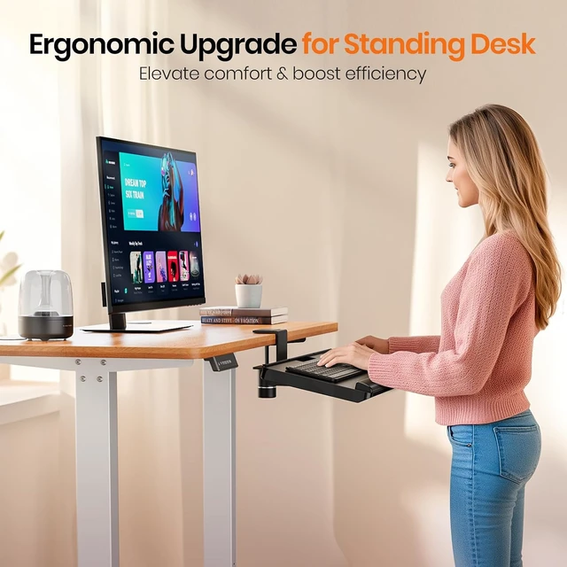 Alt view image 4 of 6 - Keyboard Tray Under Desk with 360° Rotation, Ergonomic Computer Keyboard & Mouse Tray 24.4"W×10"D Sit Stand Desk Keyboard Holder w/Wrist Rest & Storage Drawer (Height is not Adjustable)