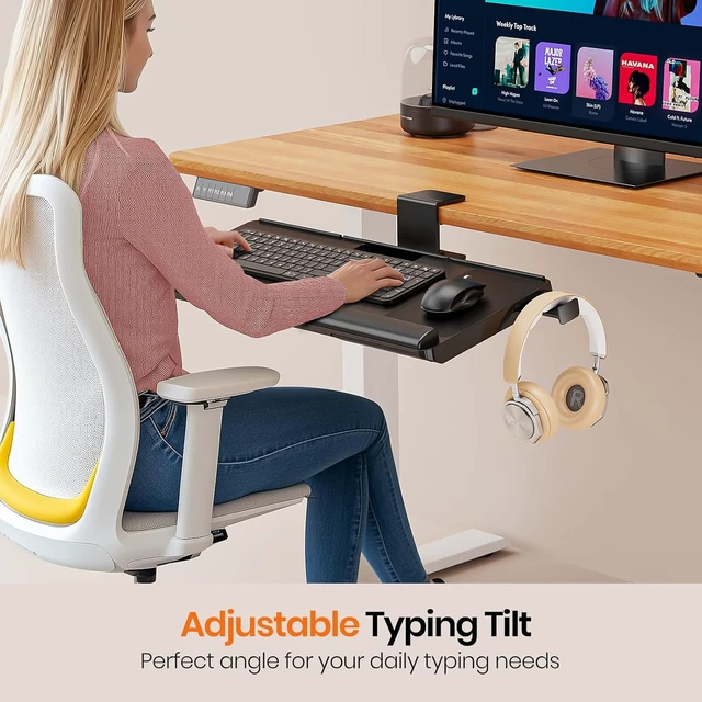 Alt view image 6 of 6 - Keyboard Tray Under Desk with 360° Rotation, Ergonomic Computer Keyboard & Mouse Tray 24.4"W×10"D Sit Stand Desk Keyboard Holder w/Wrist Rest & Storage Drawer (Height is not Adjustable)