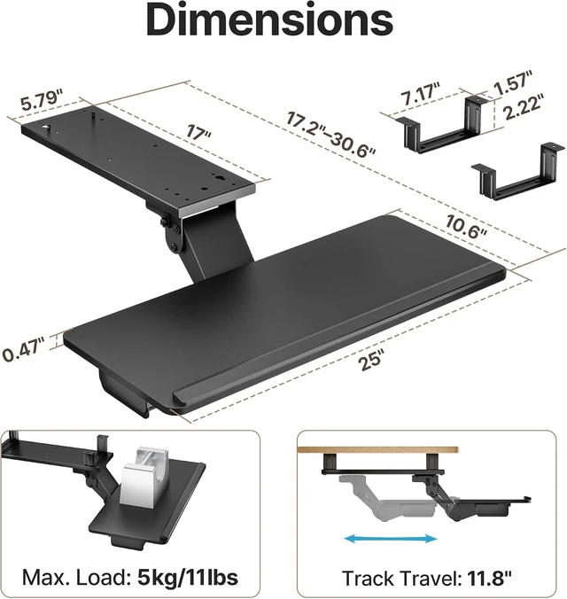 Alt view image 2 of 7 - Keyboard Tray Under Desk Slide Out, 25 x 11 inch, Black,with Storage Drawer, Height Adjustable Swivel Tilt, Ergonomic Under Desk Mount Keyboard & Mouse Holder for Gaming Home Office